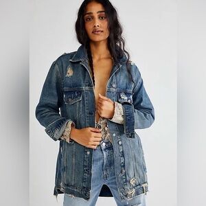 Free People Destroyed Long & Lean Trucker Jacket We The Free Indigo Blue